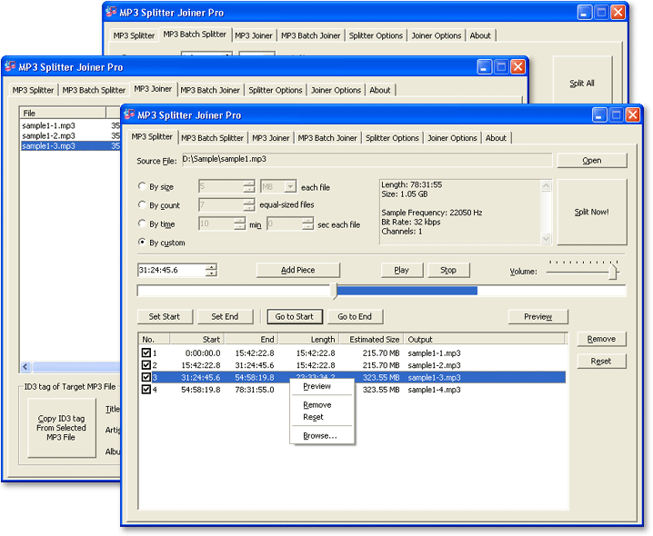 Split MP3 into multiple smaller pieces and join MP3 files into a single file.